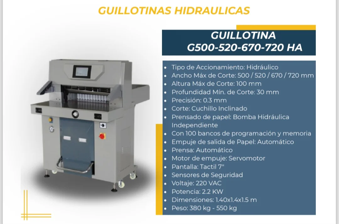 Guillotina G500-520-670-720 HA — Guillotina de papel para la industria gráfica. Kethal Business, Lima, Perú